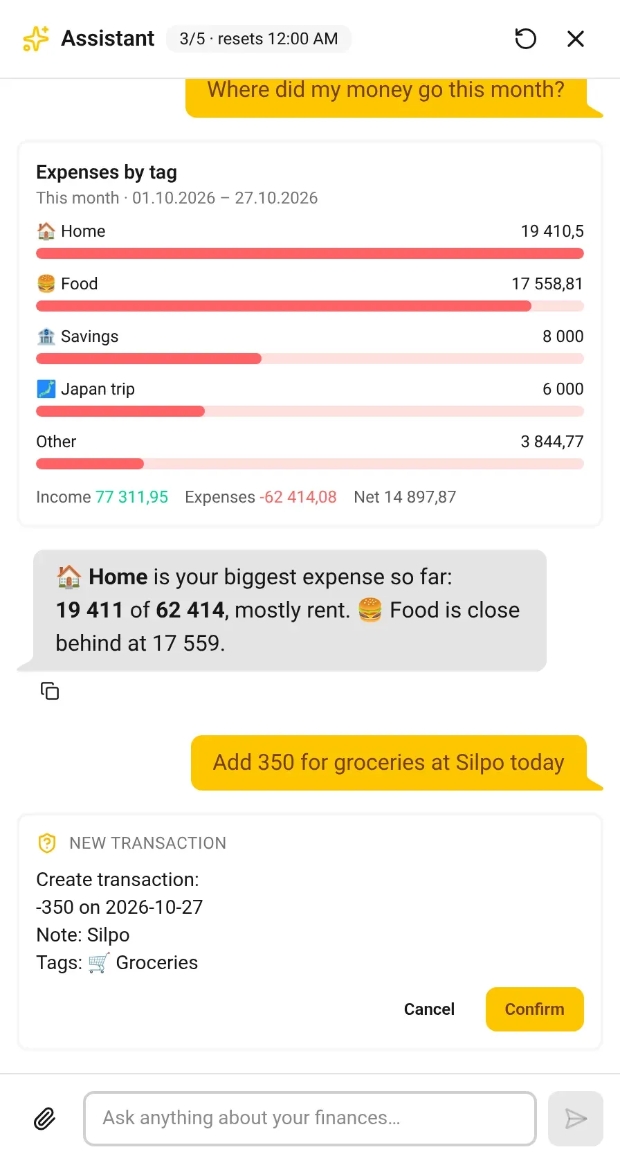 FundsFlow web app assistant panel: the question “Where did my money go this month?” answered with an expenses-by-tag bar chart and a short summary, then a request to add 350 for groceries shown as a New transaction card with Confirm and Cancel buttons